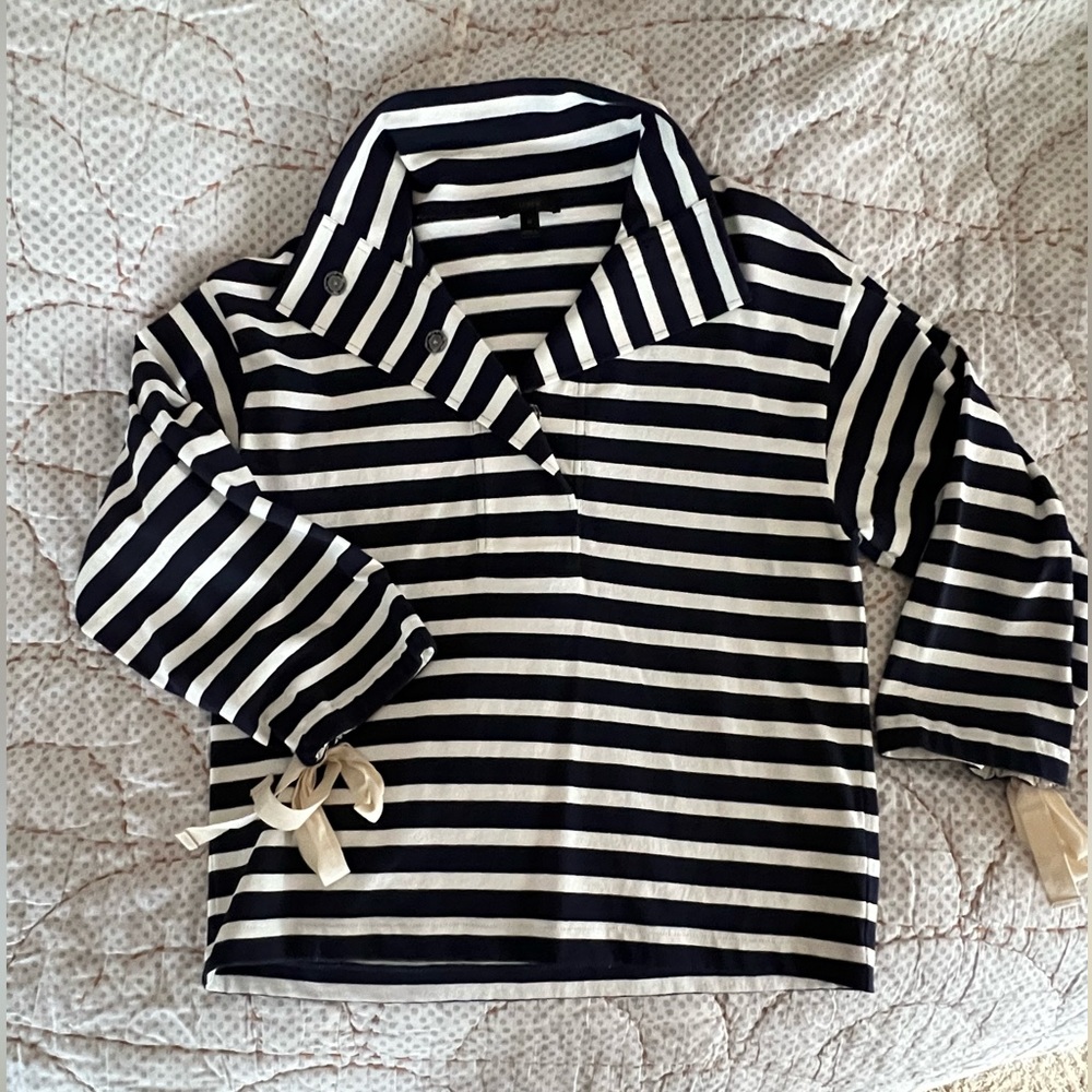 J Crew striped navy and white shirt with 3/4 collar and bow ties on sleeves